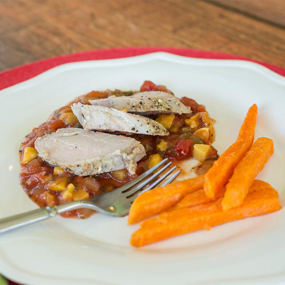 Caribbean Pork Tenderloin with Tropical Salsa and Sweet Potato Fries*  -  Pork
