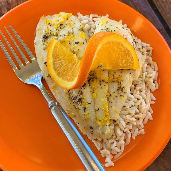 Orange Basil Flounder over Brown Rice