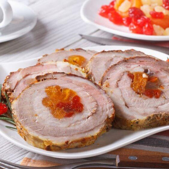 Pork Roast Stuffed with Dried Fruit and Walnuts with Wine Sauce  -  Pork