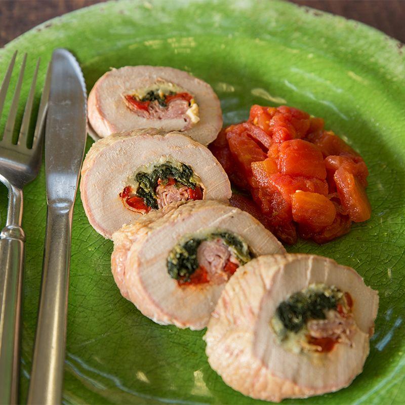Pork Tenderloin Stuffed with Prosciutto, Spinach, Roasted Red Peppers & Mozzarella  -  Pork