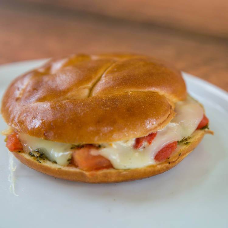 Pretzel Roll Toasties: Pesto, Roasted Red Pepper & Provolone  -  Vegetarian
